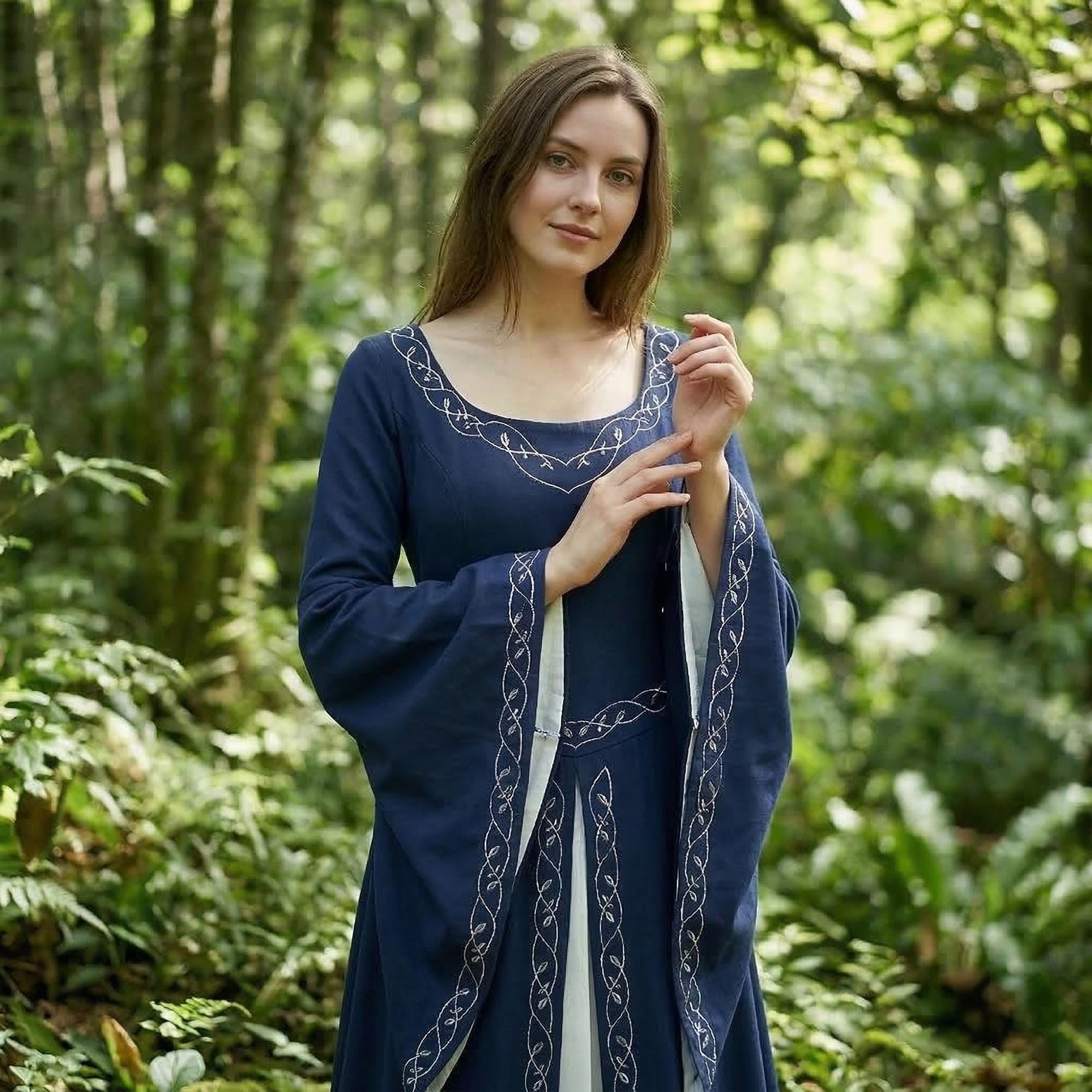 Forest Witch Medieval Dress, Vintage Embroidered Elf Costume, Adult Fantasy Party Dress, Role-Playing Outfit, Larp Costume