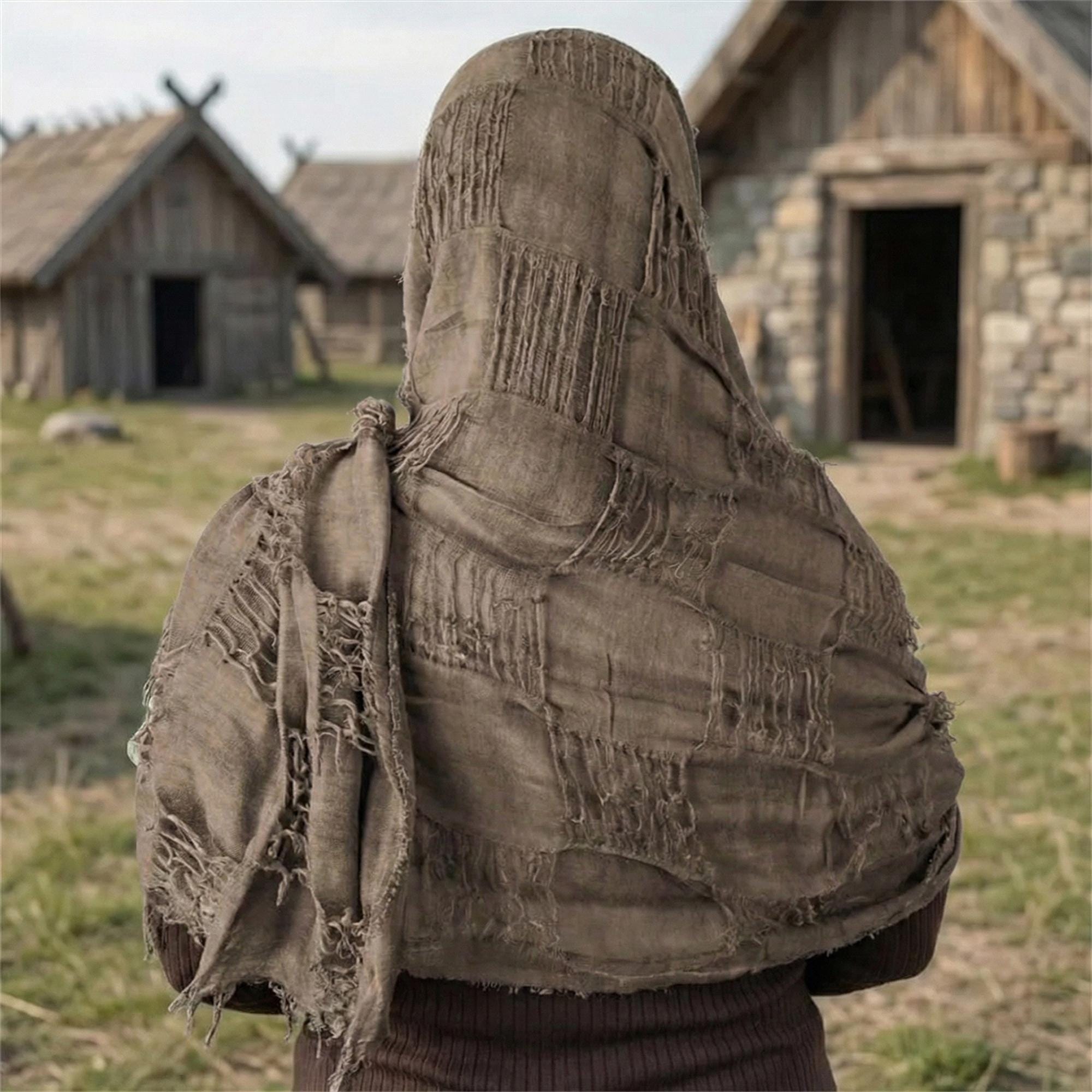 Apocalyptic Hooded Scarf Cape, Distressed Desert Style Shawl, Ragged Hooded Wrap, Avant-Garde Streetwear, Gothic Festival Scarf