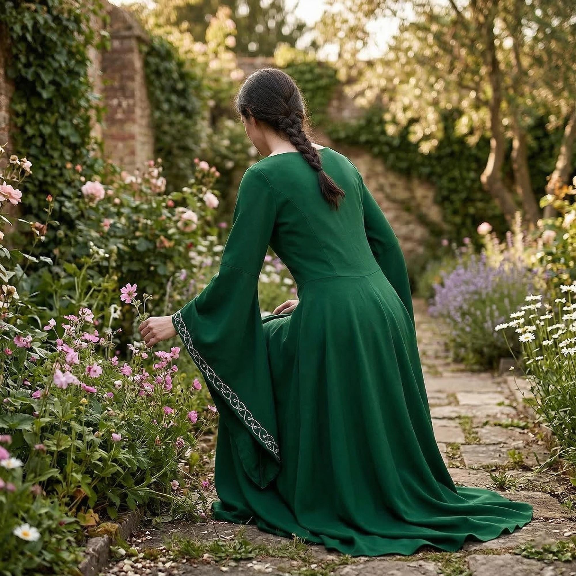 Forest Witch Medieval Dress, Vintage Embroidered Elf Costume, Adult Fantasy Party Dress, Role-Playing Outfit, Larp Costume