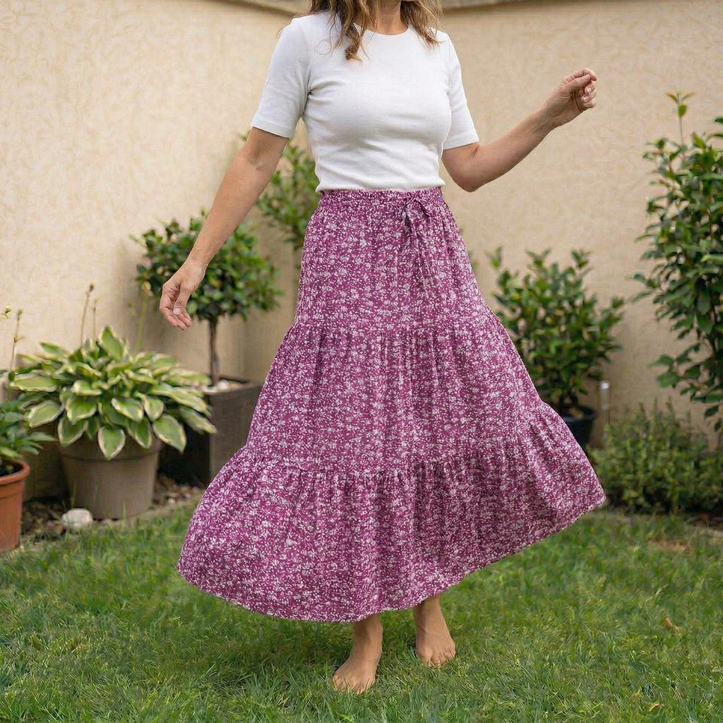 Boho A-Line Maxi Skirt, Flowing Tiered Summer Outfit