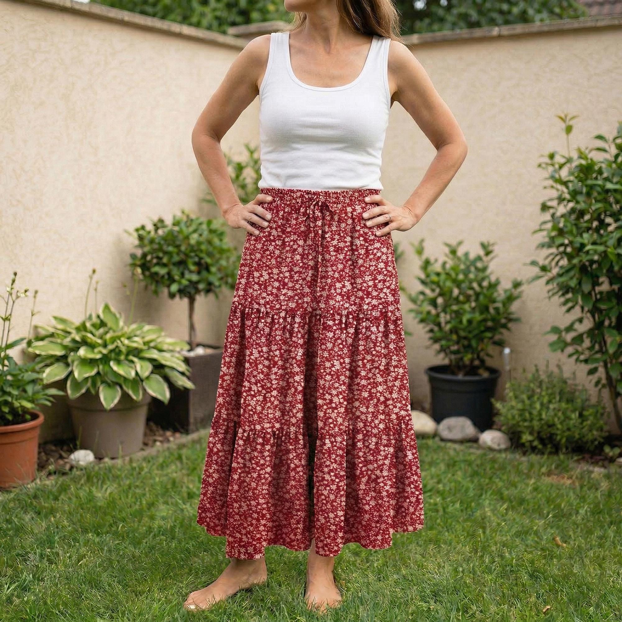 Boho A-Line Maxi Skirt, Flowing Tiered Summer Outfit