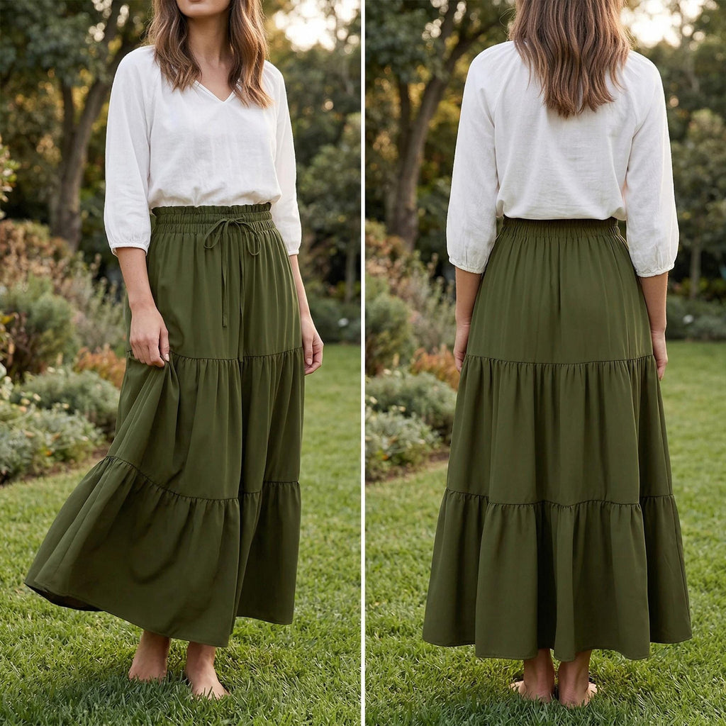 Boho A-Line Maxi Skirt, Flowing Tiered Summer Outfit