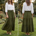 Boho A-Line Maxi Skirt, Flowing Tiered Summer Outfit