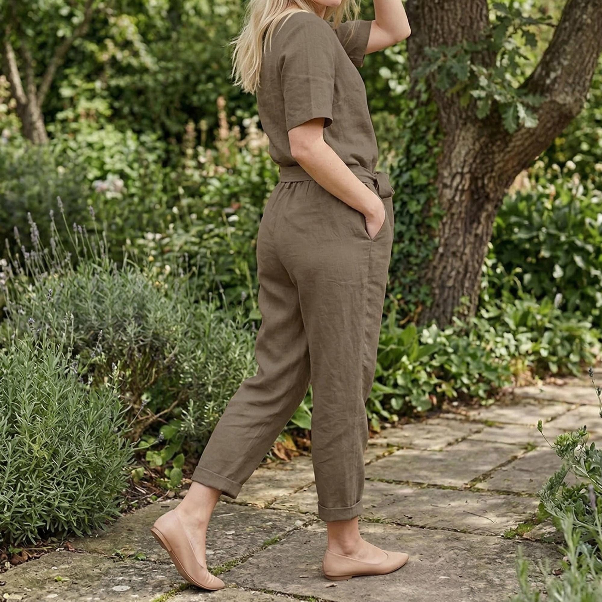 Linen Two Piece Set Women, Wide Leg Pants and Cami Top, Tie Strap Boho Outfit, Summer Casual Linen Clothing Set