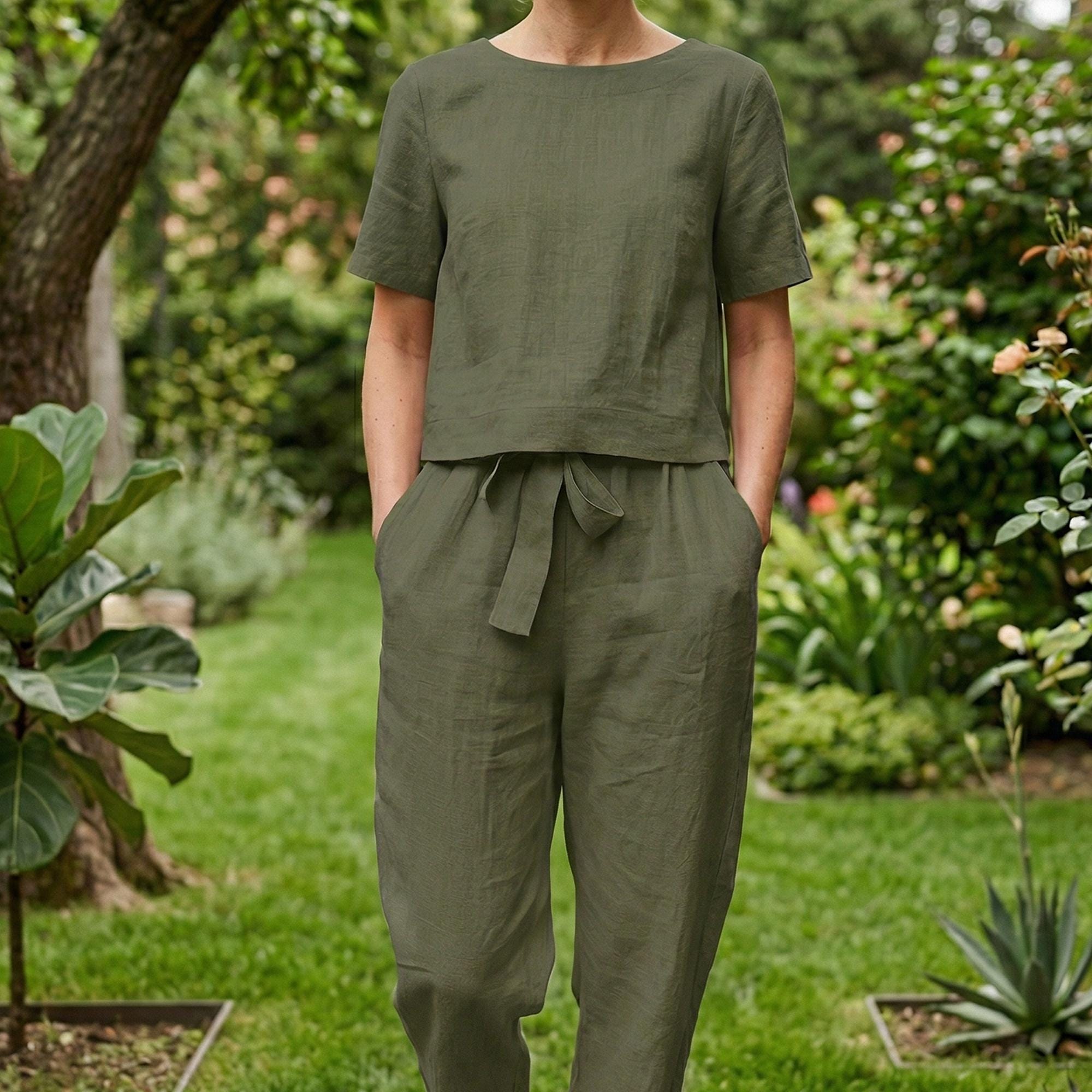 Linen Two Piece Set Women, Wide Leg Pants and Cami Top, Tie Strap Boho Outfit, Summer Casual Linen Clothing Set