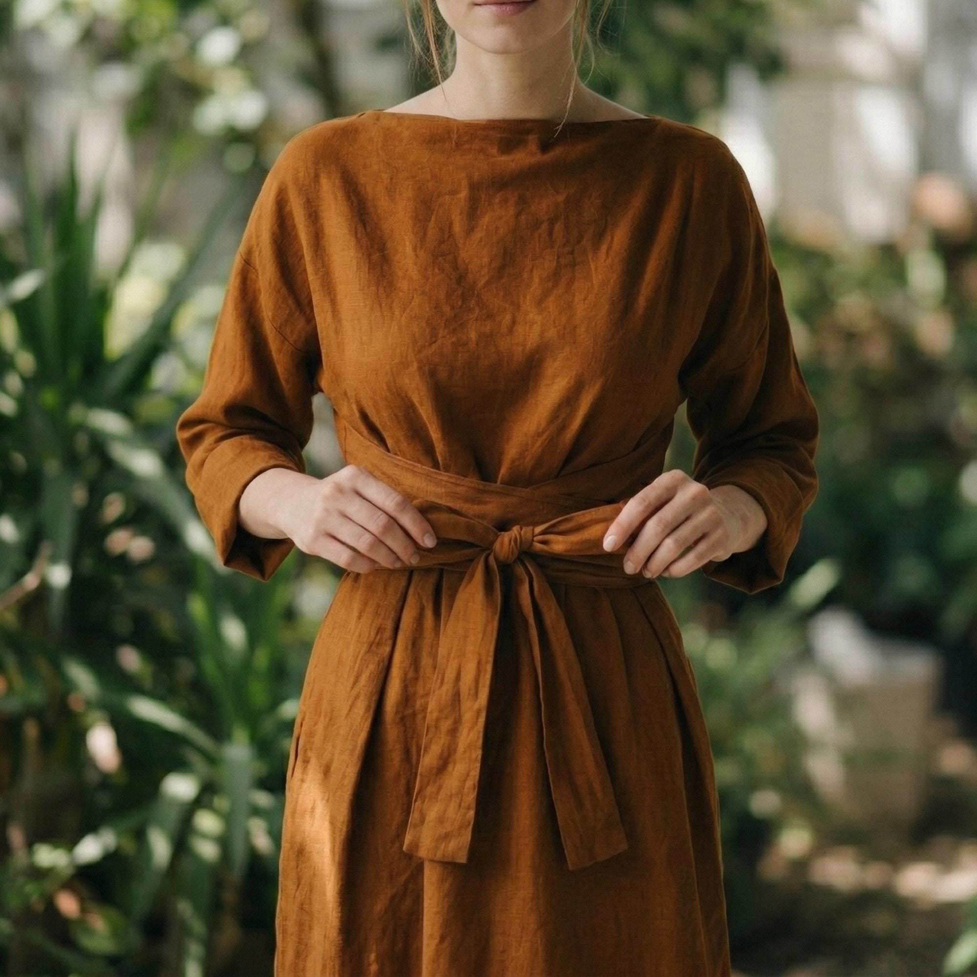 Linen Maxi Dress Women, Oversized Flowy Dress, Long Sleeve Waist Cinching Dress, Soft Washed Linen Outfit, Casual Spring Wear