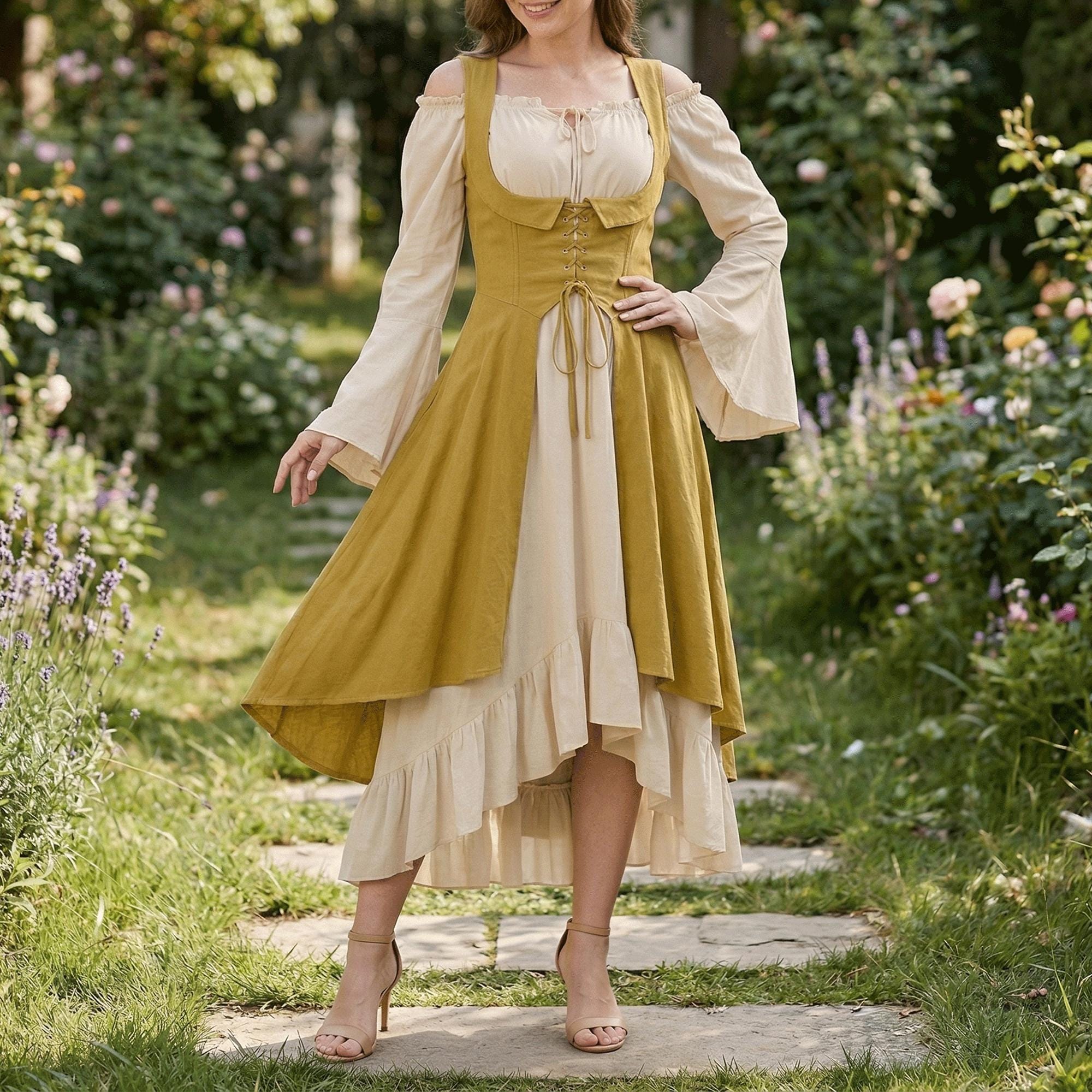 Medieval Corset Dress, Peasant Style Renaissance Gown, Larp Costume Women, Cottagecore Fantasy Outfit, Viking Dress