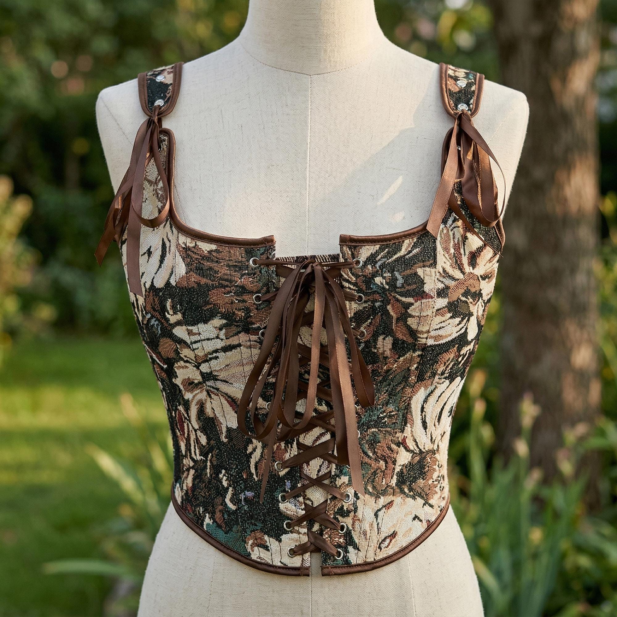 Green Floral Renaissance Corset Top, Lace Up Bustier, Cottagecore Bodice, Festival Outfit