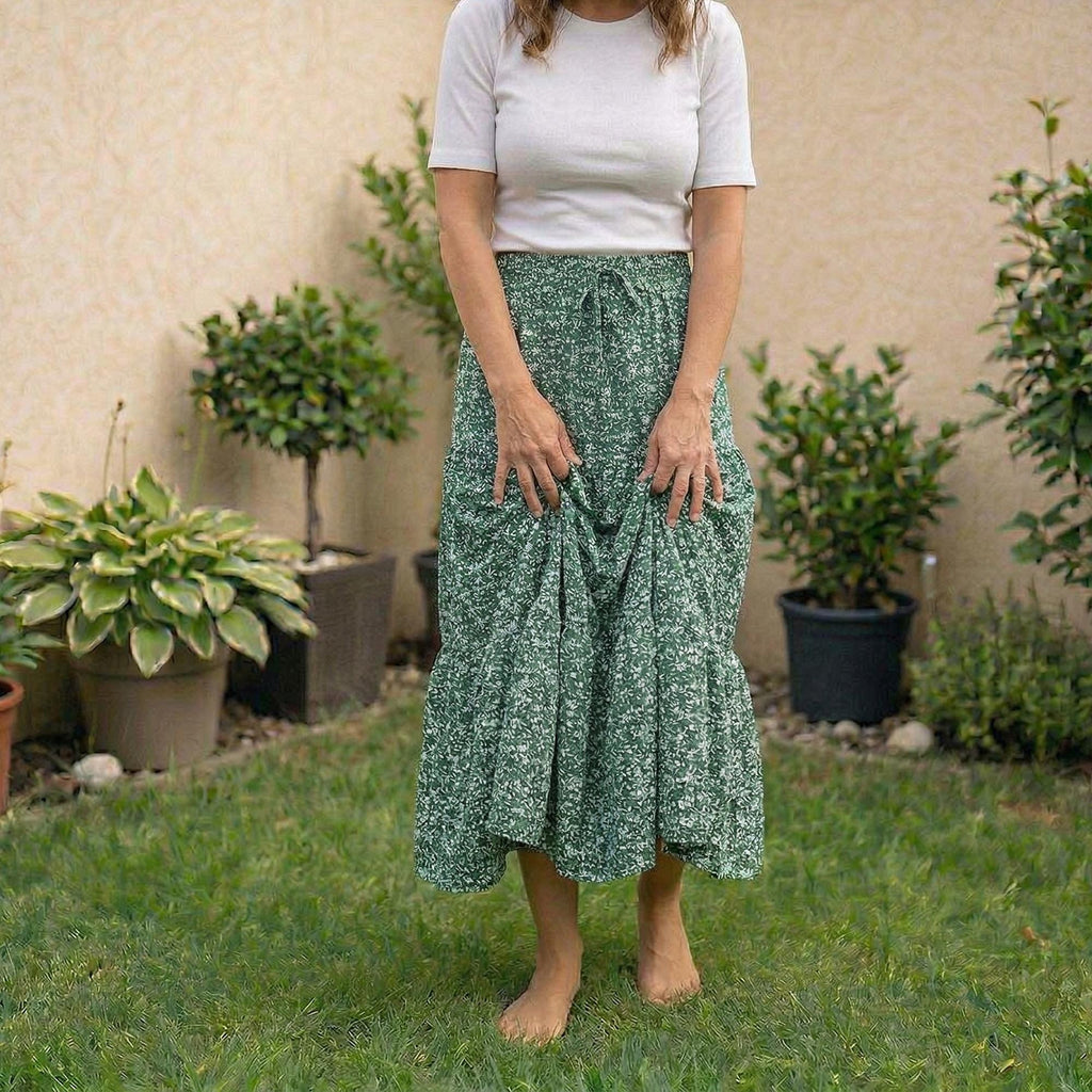 Boho A-Line Maxi Skirt, Flowing Tiered Summer Outfit