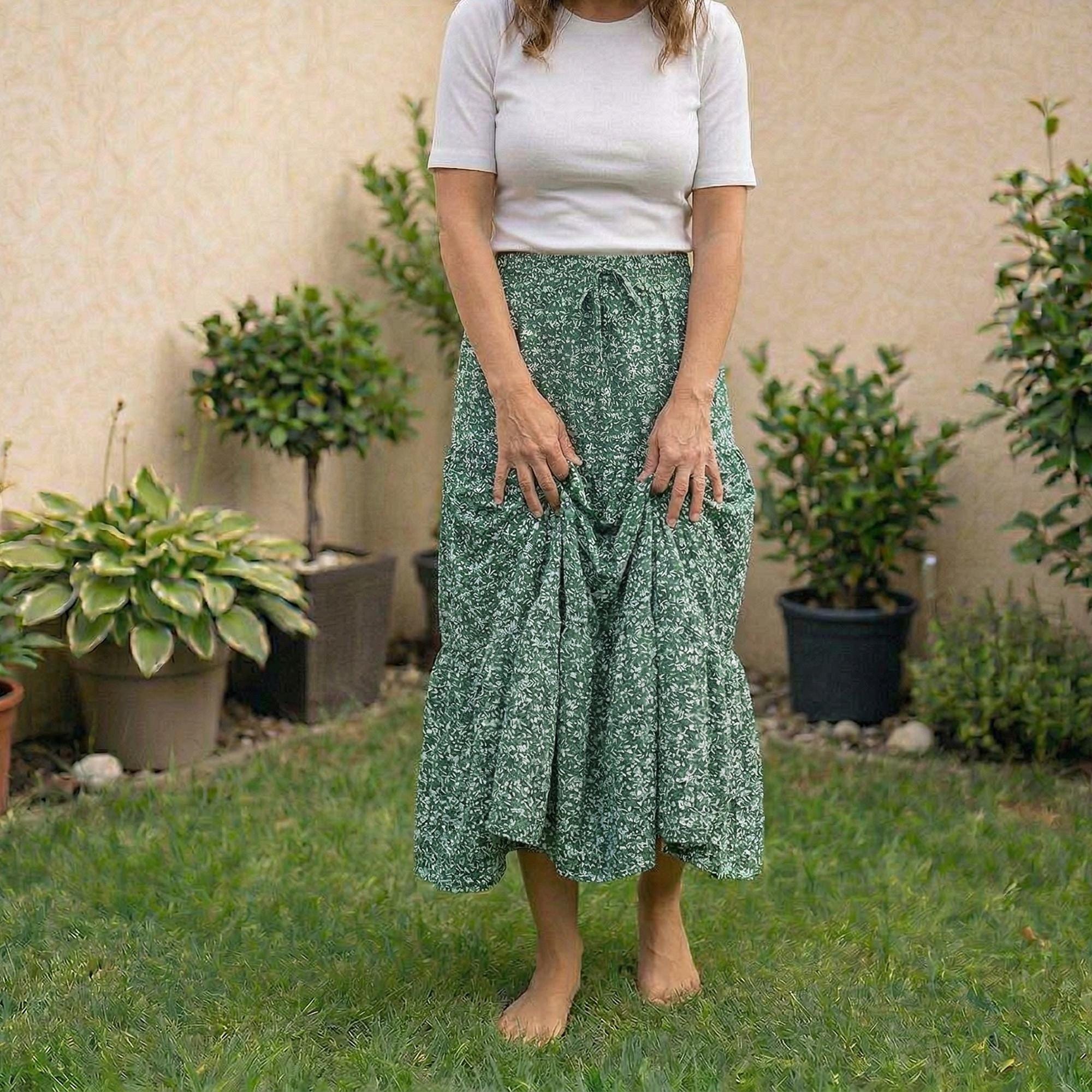 Boho A-Line Maxi Skirt, Flowing Tiered Summer Outfit