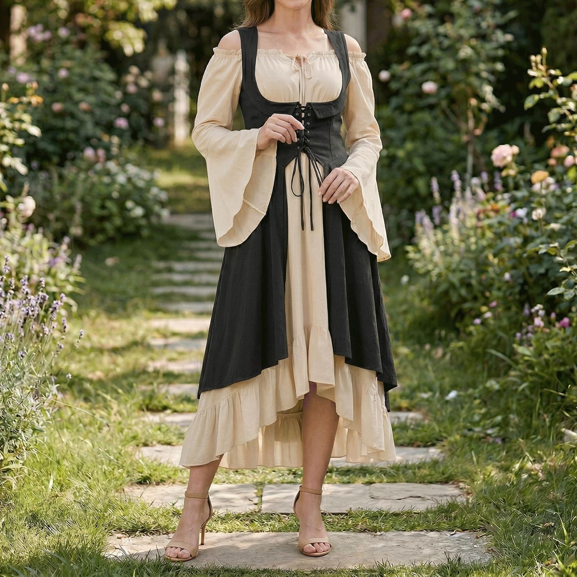 Medieval Corset Dress, Peasant Style Renaissance Gown, Larp Costume Women, Cottagecore Fantasy Outfit, Viking Dress