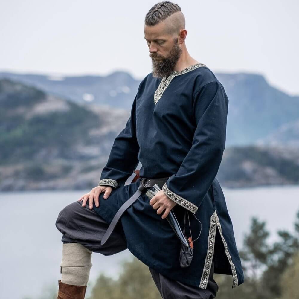 Black Viking Tunic | Embroidered Border, Knee-Length