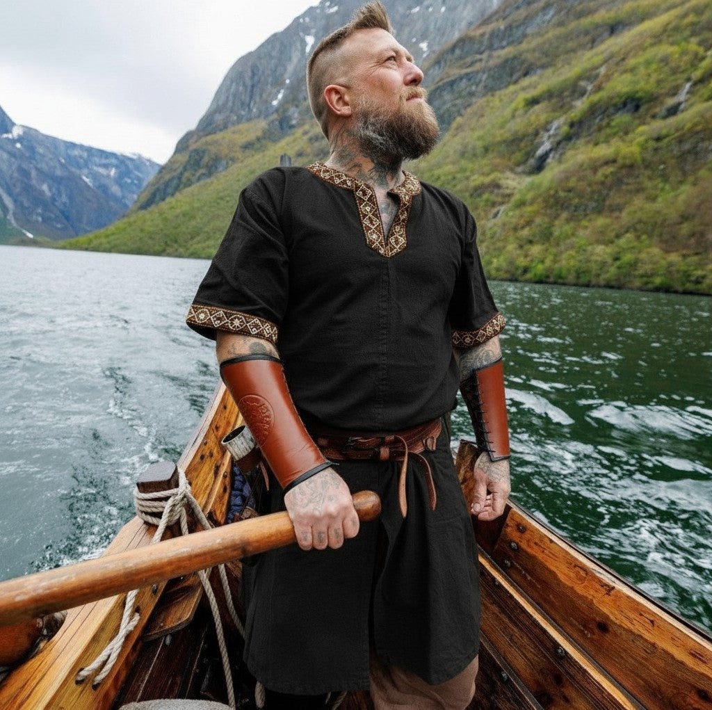 Black Viking Tunic with Short Sleeves, Embroidered Border