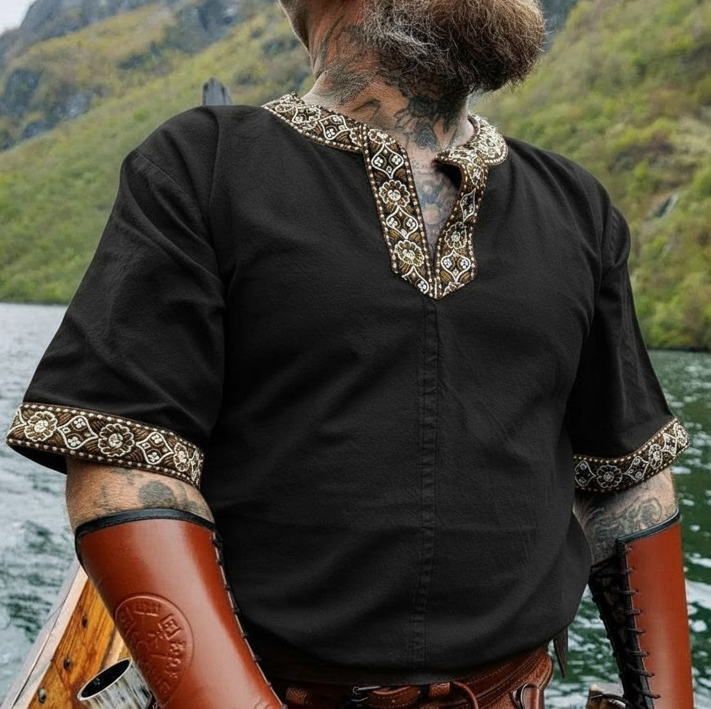 Black Viking Tunic with Short Sleeves, Embroidered Border