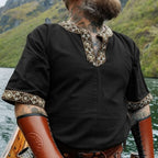 Black Viking Tunic with Short Sleeves, Embroidered Border