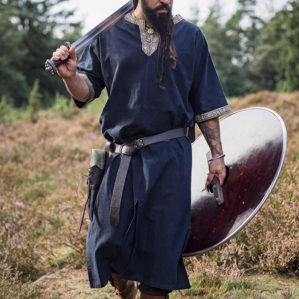 Dark Blue Viking Tunic with Short Sleeves, Embroidered Border