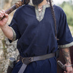Dark Blue Viking Tunic with Short Sleeves, Embroidered Border