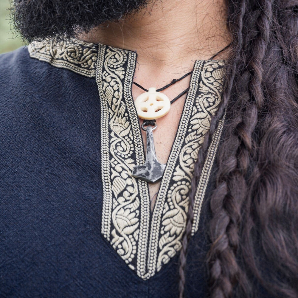 Dark Blue Viking Tunic with Short Sleeves, Embroidered Border