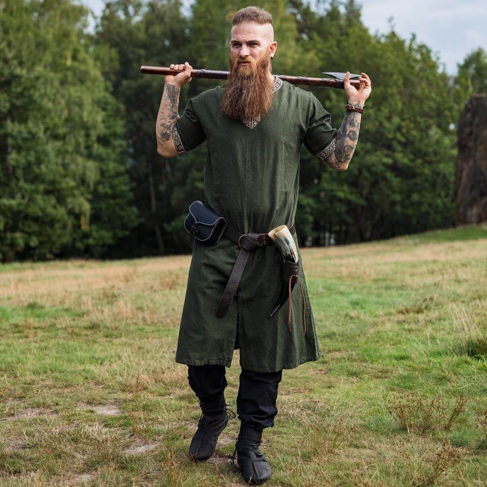 Green Viking Tunic with Short Sleeves, Embroidered Border