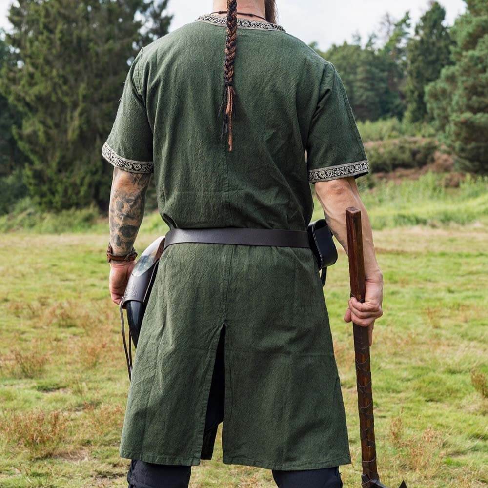 Green Viking Tunic with Short Sleeves, Embroidered Border